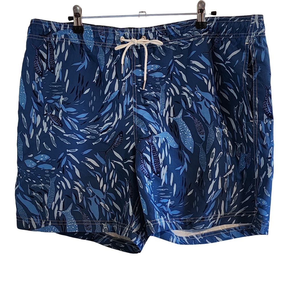 Lands' End Blue Fish Themed Swim Trunks with Pockets Drawstring Men's Large